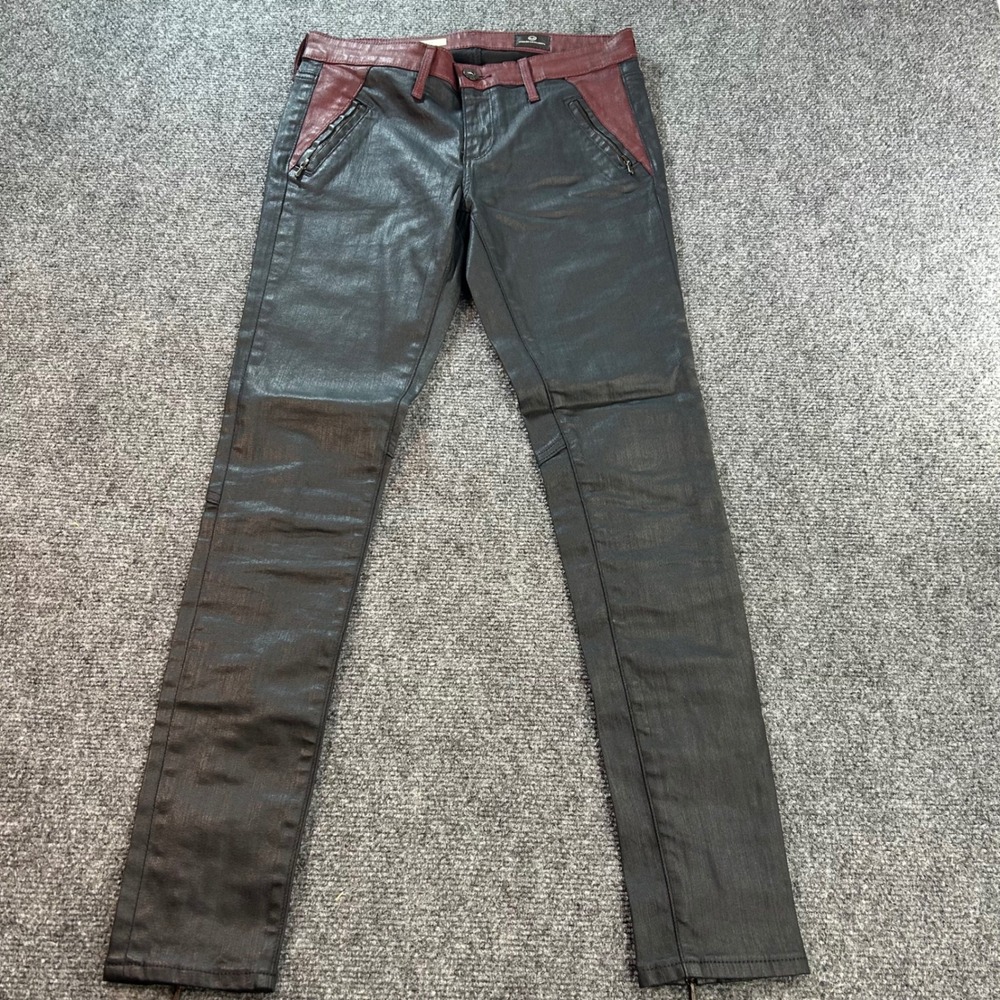 AG Adriano Goldschmied The Willow Zip Women 26R Black Burgundy Coated Moto Jeans